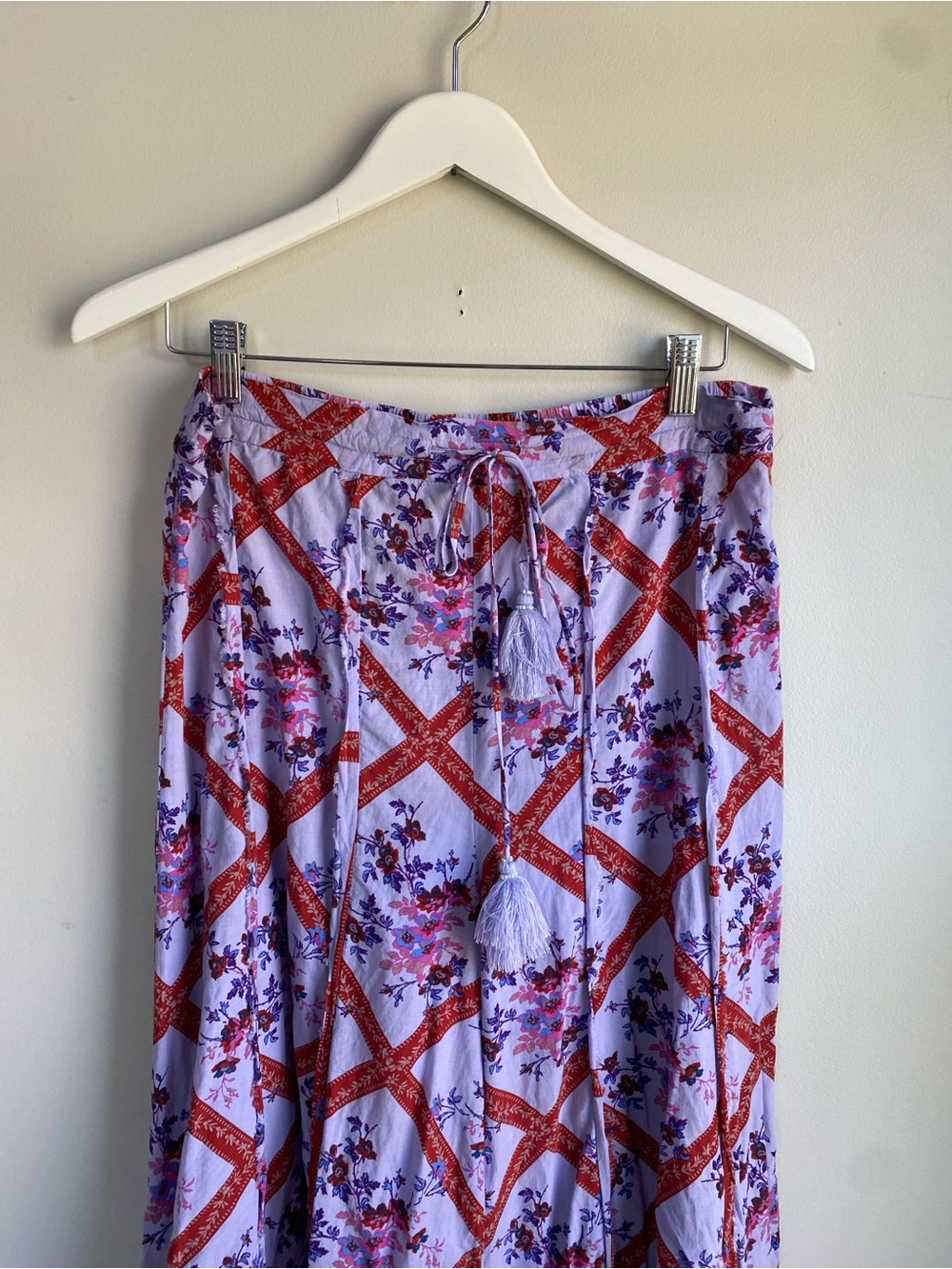 Free People Lavender Floral Wide Leg Pants with Red Lattice - Picture 6 of 9